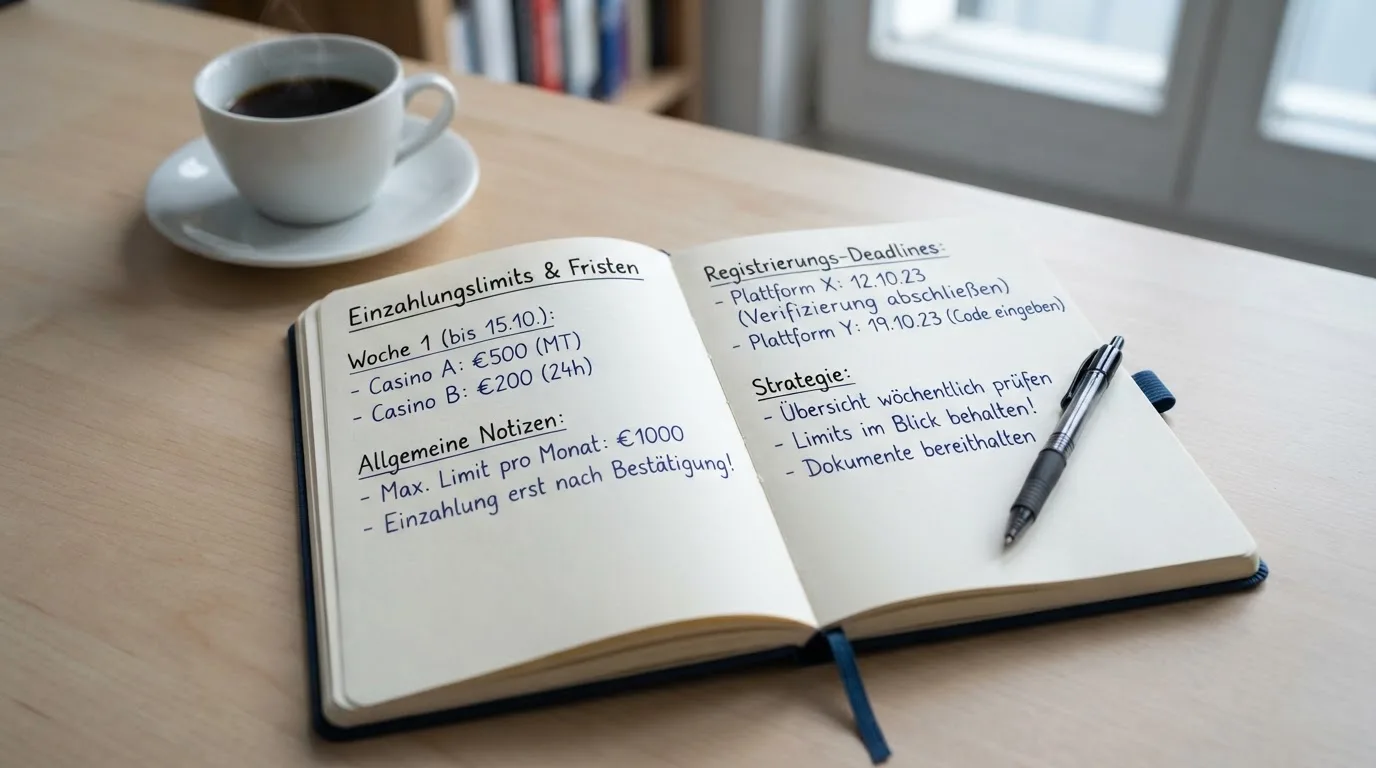 Ein aufgeschlagenes Notizbuch mit handschriftlichen Notizen und ein Kugelschreiber liegen auf einem hellen Schreibtisch neben einer Kaffeetasse.