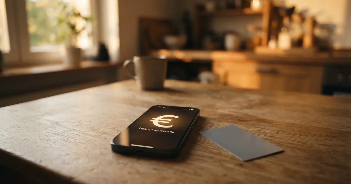 Ein Smartphone liegt mit dem Display nach unten auf einem Holztisch, daneben ein paar Euro-Münzen und eine unbeschriftete Plastikkarte im Morgenlicht.