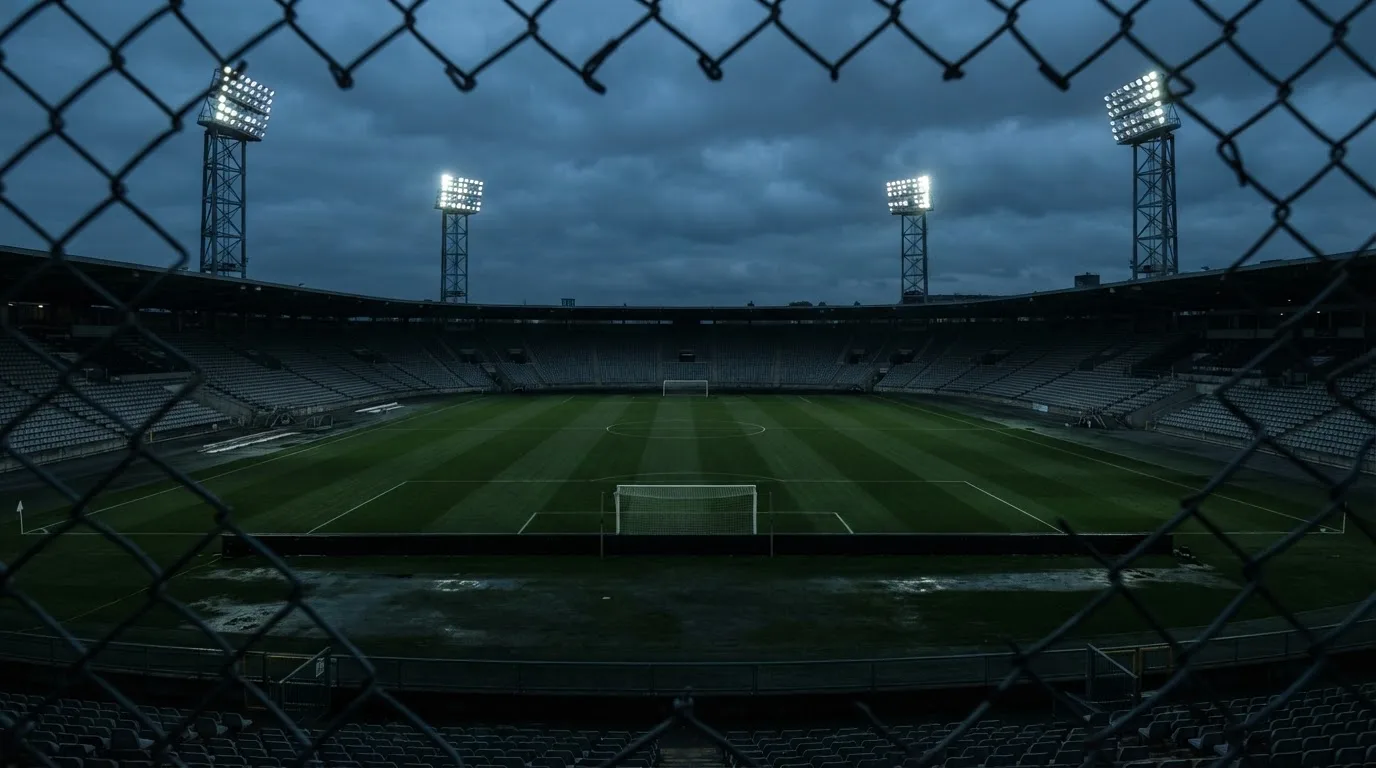 Ein Fußballplatz mit Flutlichtmasten in der Abenddämmerung, aus der Ferne gesehen, leere Tribünen und nasser Rasen unter bewölktem Himmel.