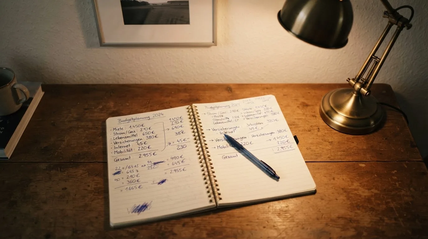 Ein Taschenrechner und ein Blatt Papier mit handschriftlichen Notizen liegen auf einem Schreibtisch unter dem warmen Licht einer Lampe.