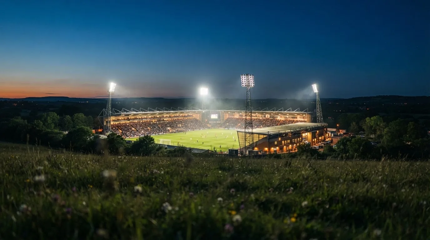 Ein Stadion unter Flutlicht bei Nacht, von einem Hügel aus der Ferne betrachtet, mit Dunst über dem Spielfeld.