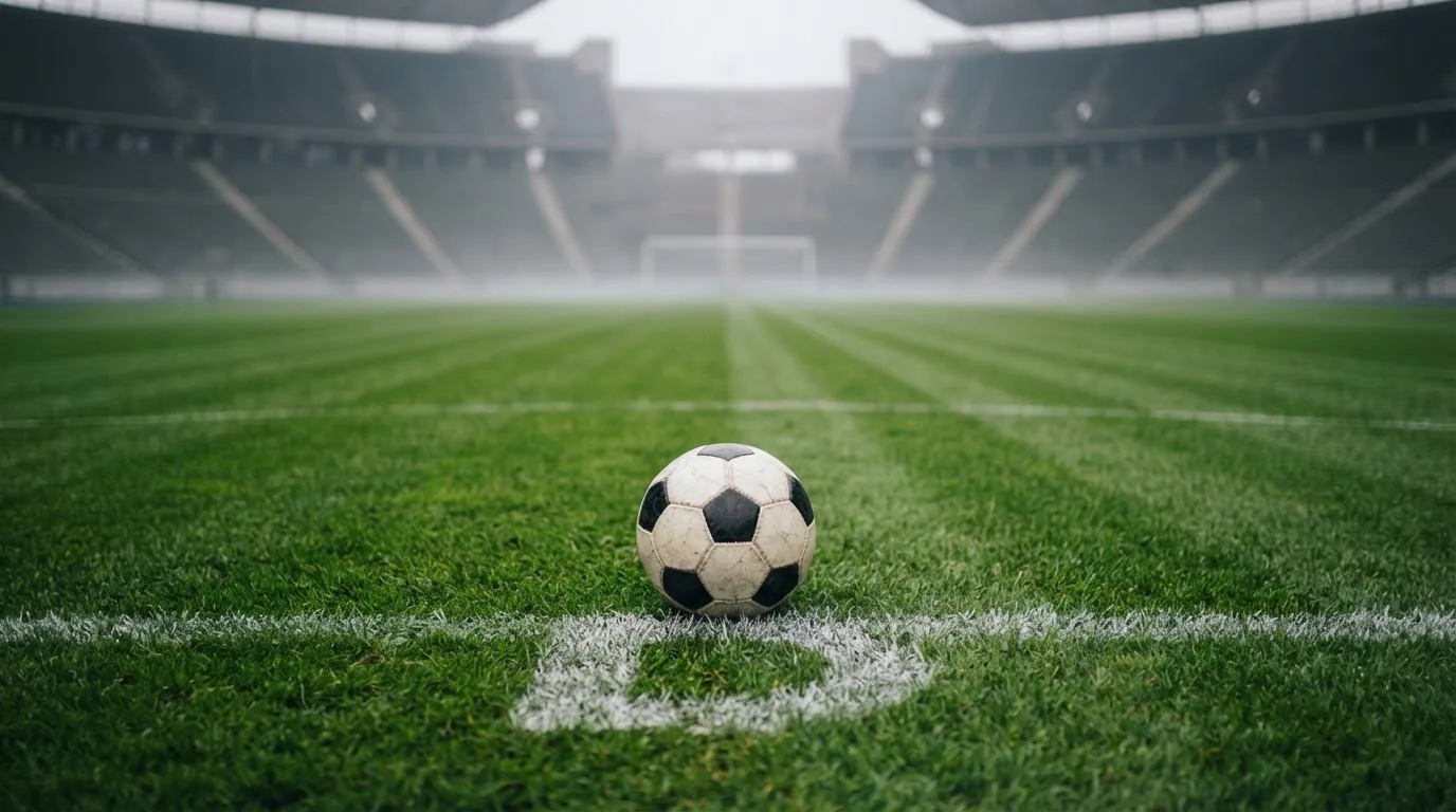 Ein Fußball liegt auf dem Elfmeterpunkt eines leeren Rasenplatzes, im Hintergrund eine Tribüne im Dunst.