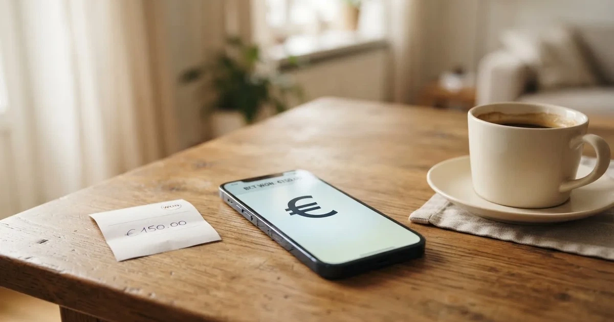 Zwei Euro-Scheine und ein Smartphone liegen auf einem Holztisch neben einer Tasse, im Hintergrund ein unscharfes Fenster.