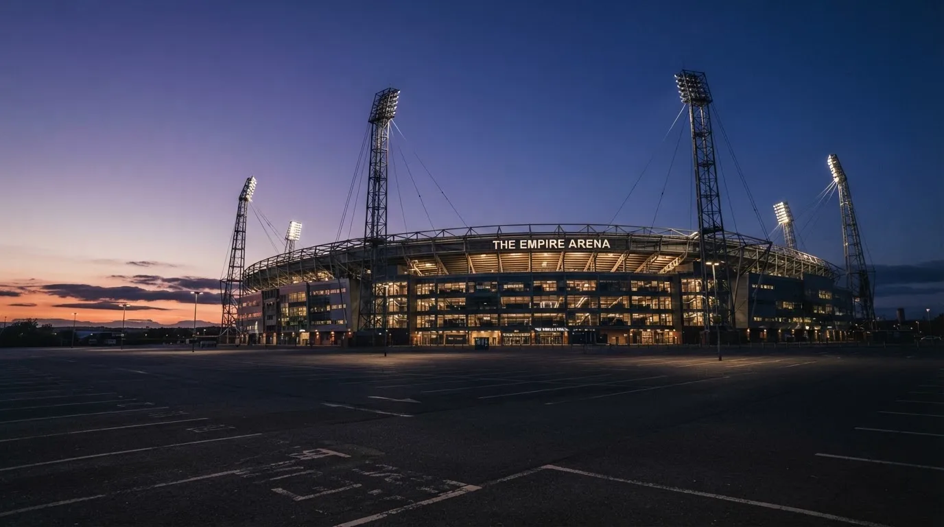 Ein Fußballstadion von außen in der Dämmerung, hohe Flutlichtmasten vor einem violetten Himmel, davor ein leerer Parkplatz.