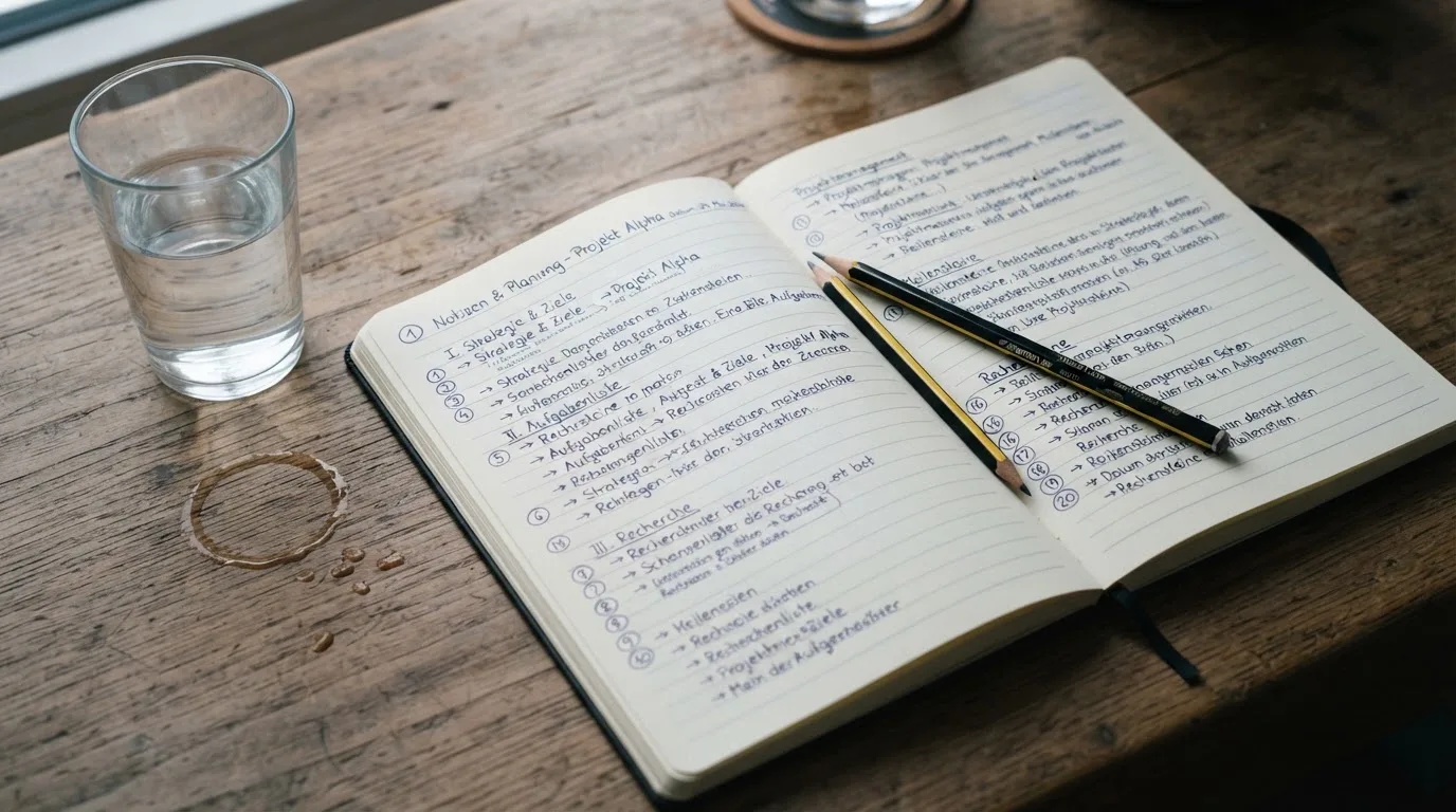 Ein aufgeschlagenes Heft mit handschriftlichen Notizen und ein Bleistift liegen auf einem Schreibtisch, daneben ein Glas Wasser.
