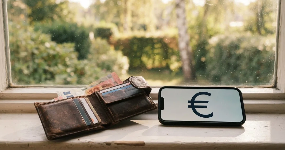 Eine Geldbörse aus Leder liegt geöffnet neben einem Smartphone auf einer Fensterbank, im Hintergrund ein Garten im Gegenlicht.