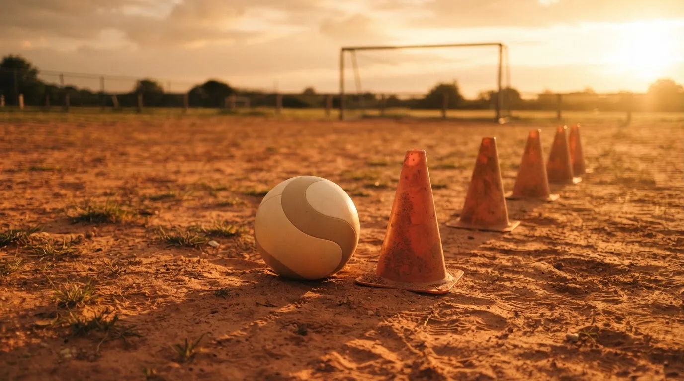 Ein Fußball auf rotem Sandboden neben einer Reihe Hütchen auf einem Trainingsplatz bei untergehender Sonne.