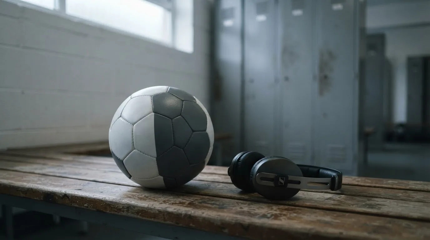Ein Fußball liegt neben Kopfhörern auf einer Holzbank in einer Umkleide, Licht fällt durch ein schmales Fenster.