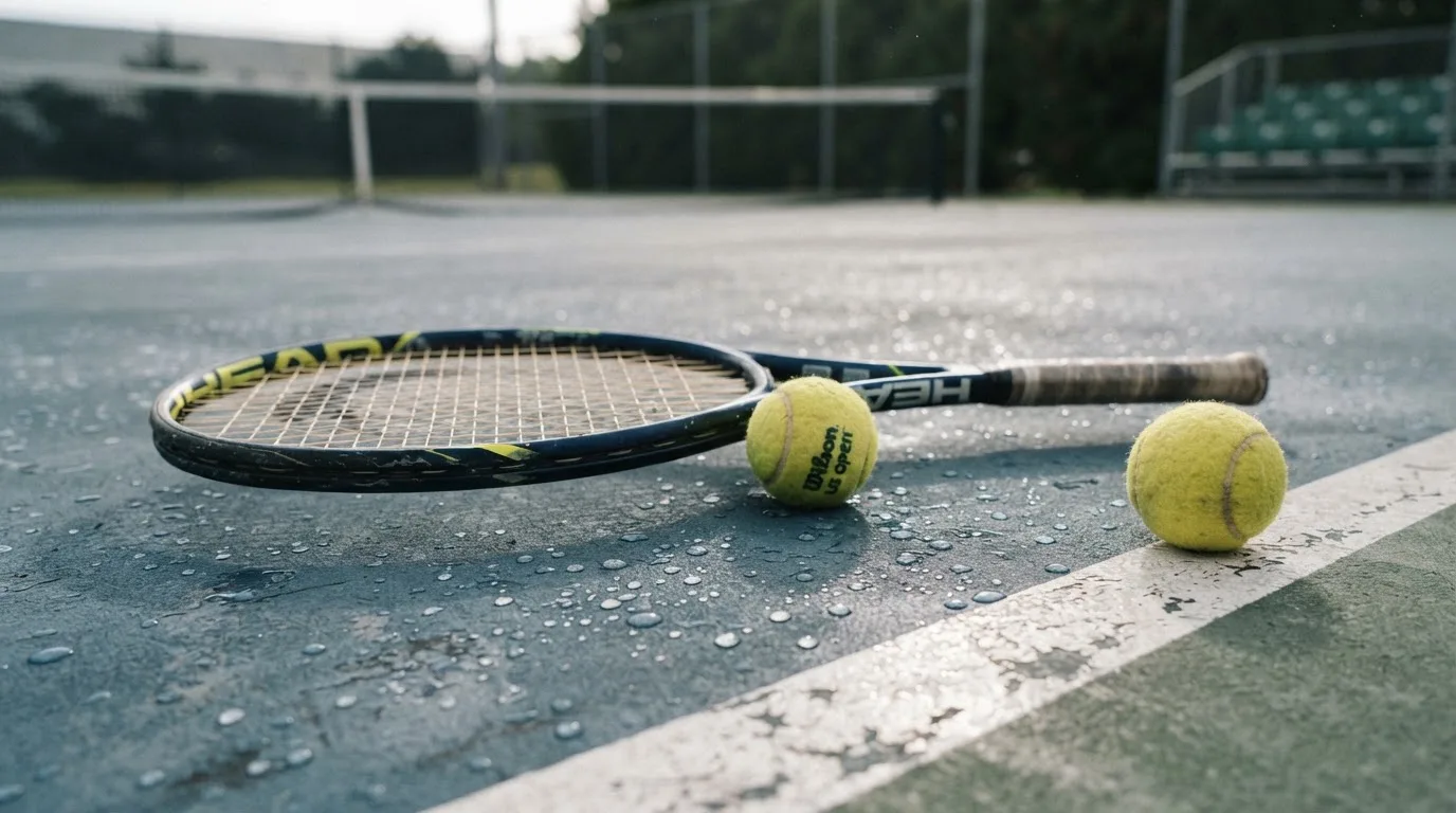 Zwei Tennisbälle und ein Schläger liegen auf der Grundlinie eines Hartplatzes, kleine Wassertropfen glänzen auf dem Belag.