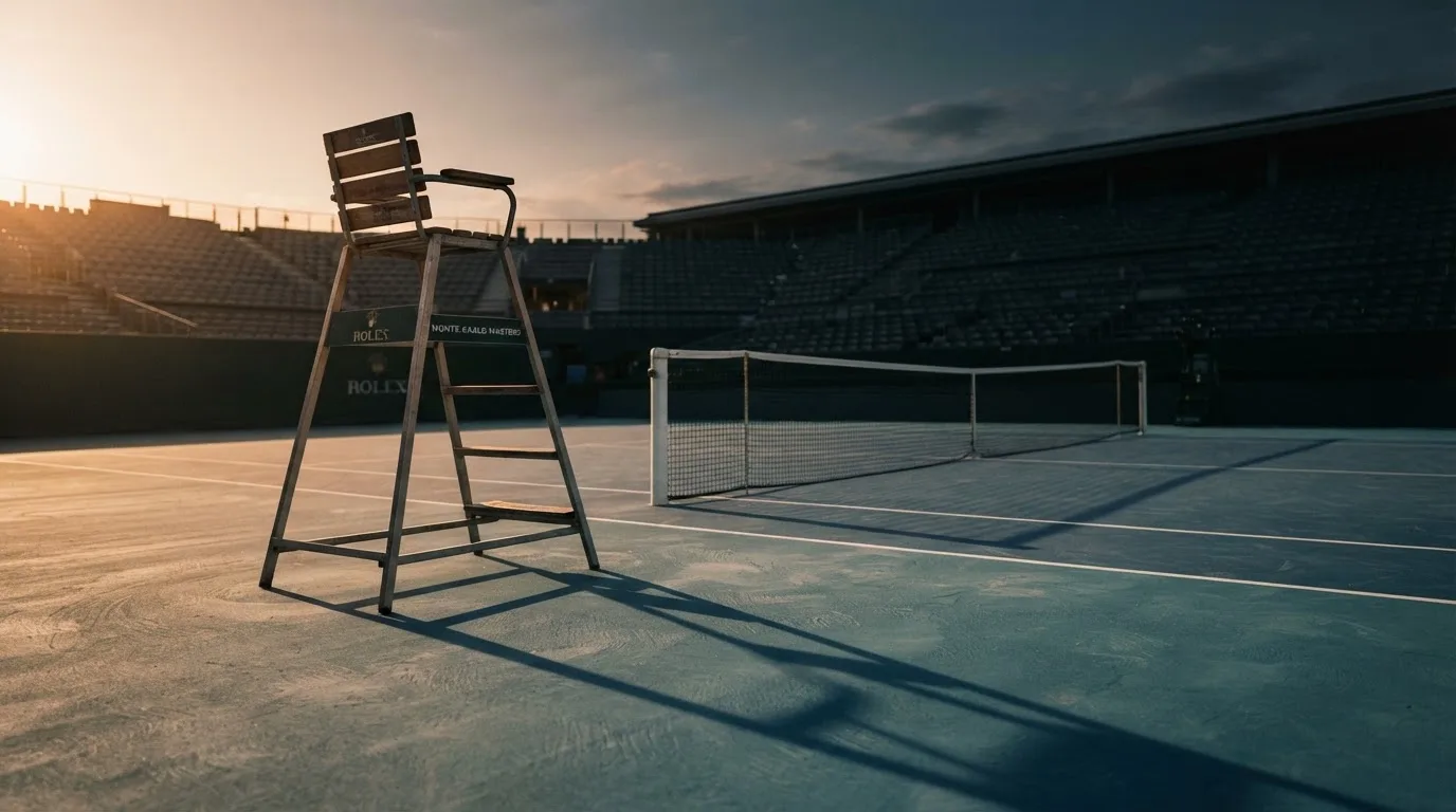 Ein leerer Schiedsrichterstuhl am Spielfeldrand eines Tennisplatzes im Abendlicht, lange Schatten auf dem Belag.