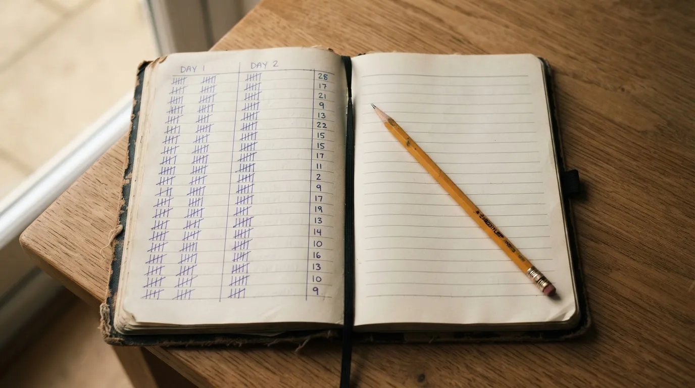 Ein handschriftlich geführtes Heft mit Strichlisten liegt neben einem Bleistift auf einem Tisch, seitlich fällt Tageslicht herein.