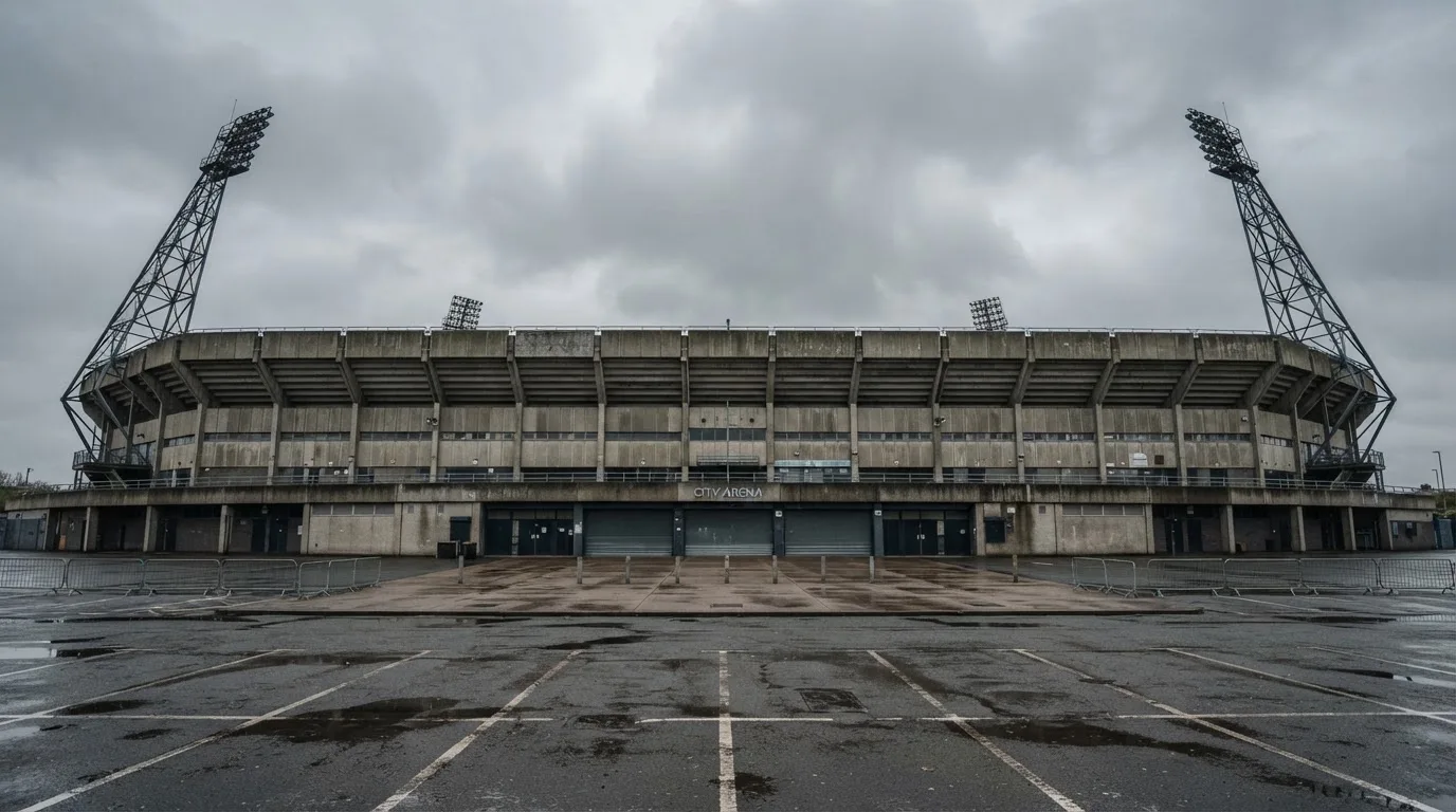 Ein leeres Stadion von außen, hohe Flutlichtmasten vor einem grauen Himmel mit Regenwolken.