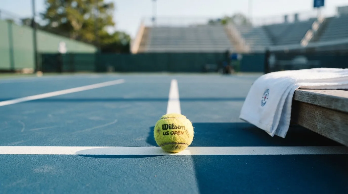 Ein gelber Tennisball liegt auf einer weißen Linie, daneben ein Handtuch auf einer Bank am Spielfeldrand.