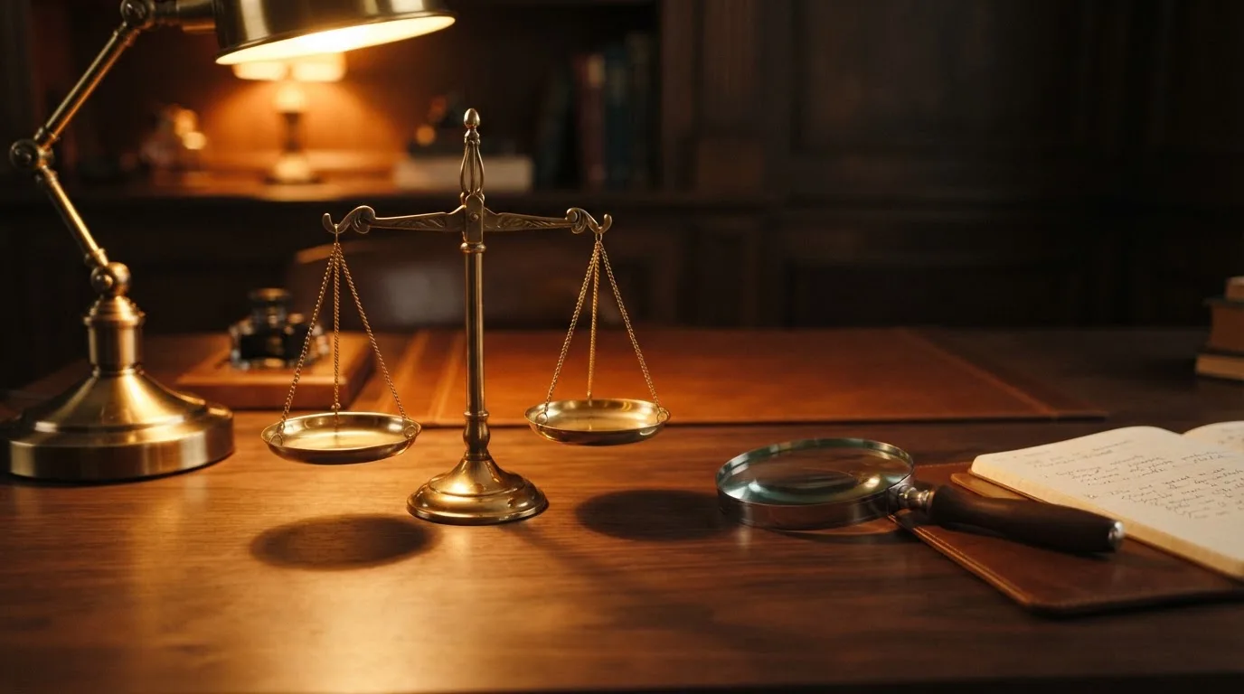 Eine Waage aus Messing steht neben einer Lupe auf einem polierten Schreibtisch im Licht einer Lampe.