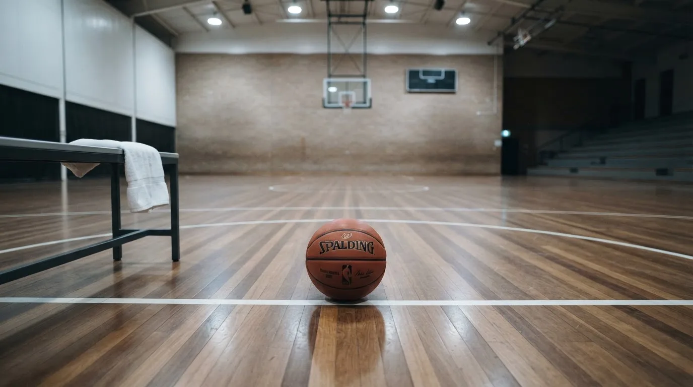 Ein Basketball liegt auf der Freiwurflinie einer Halle, im Vordergrund ein Handtuch auf einer Bank.