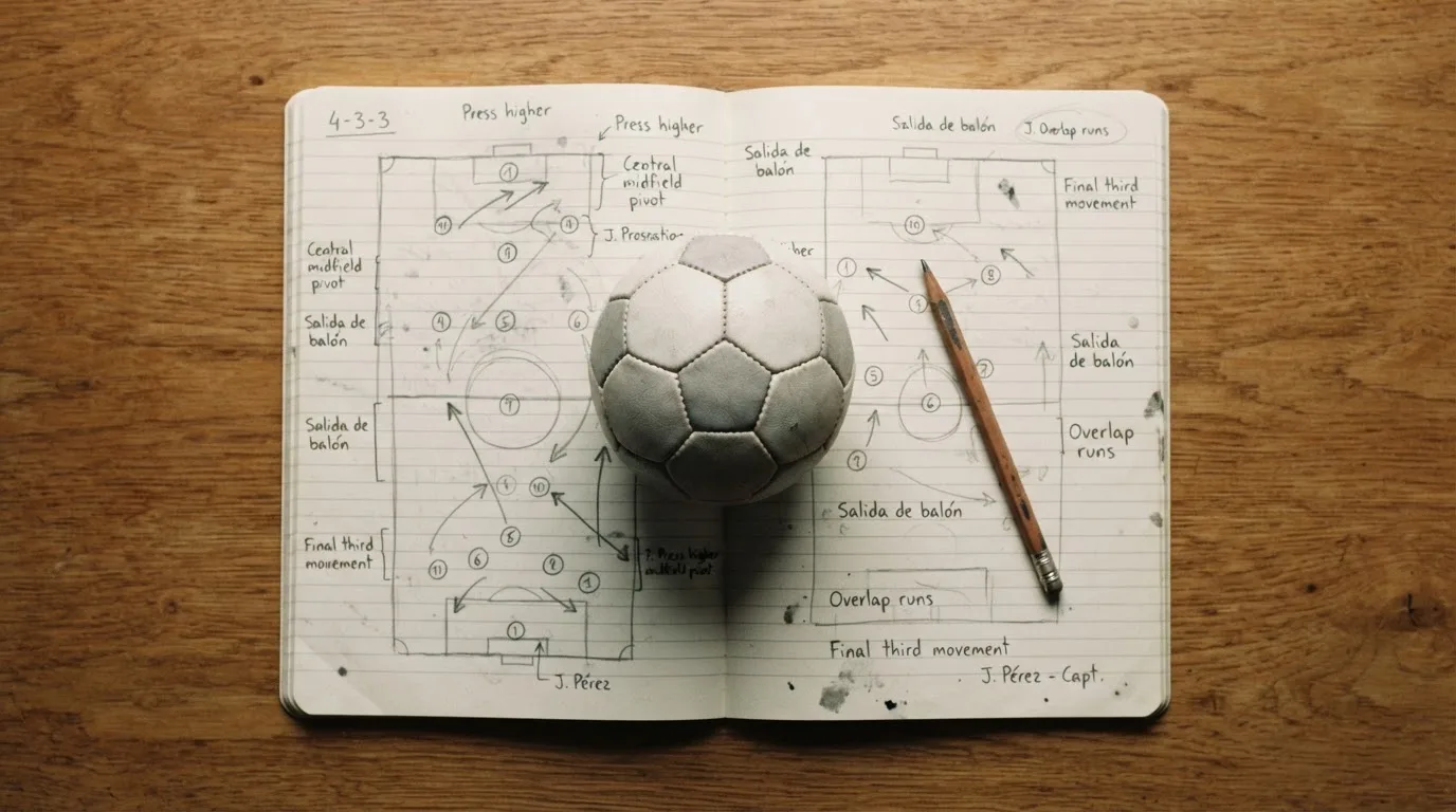 Ein Fußball liegt auf einem Notizbuch mit handgezeichneten Skizzen von Spielzügen, aufgenommen von oben auf einem Holztisch.
