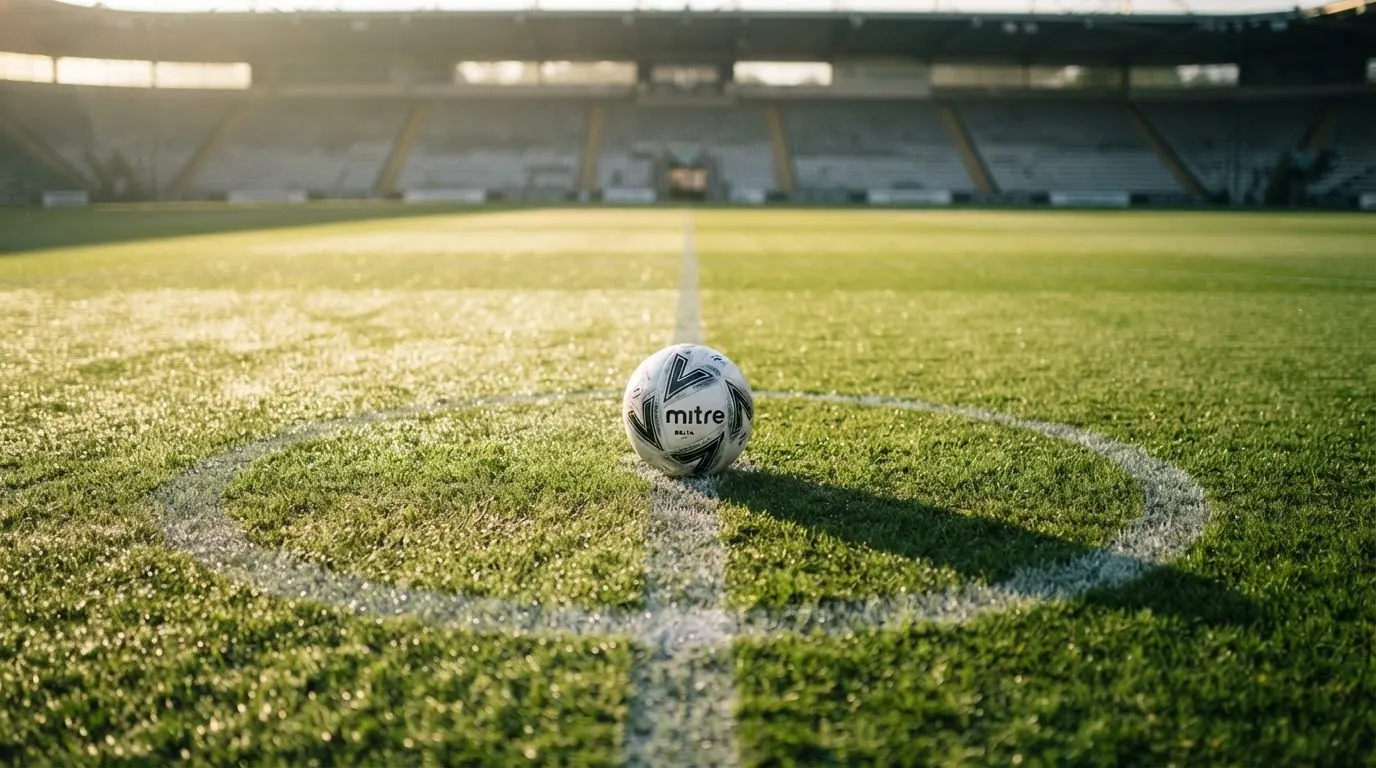Ein Fußball liegt auf dem Anstoßpunkt eines Rasens bei Sonnenaufgang, Tau glitzert auf den Halmen.