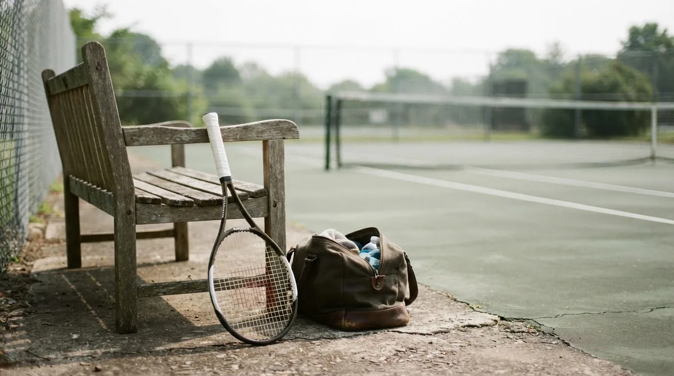 Ein Tennisschläger lehnt an einer Bank neben einer Sporttasche, im Hintergrund ein leerer Platz.
