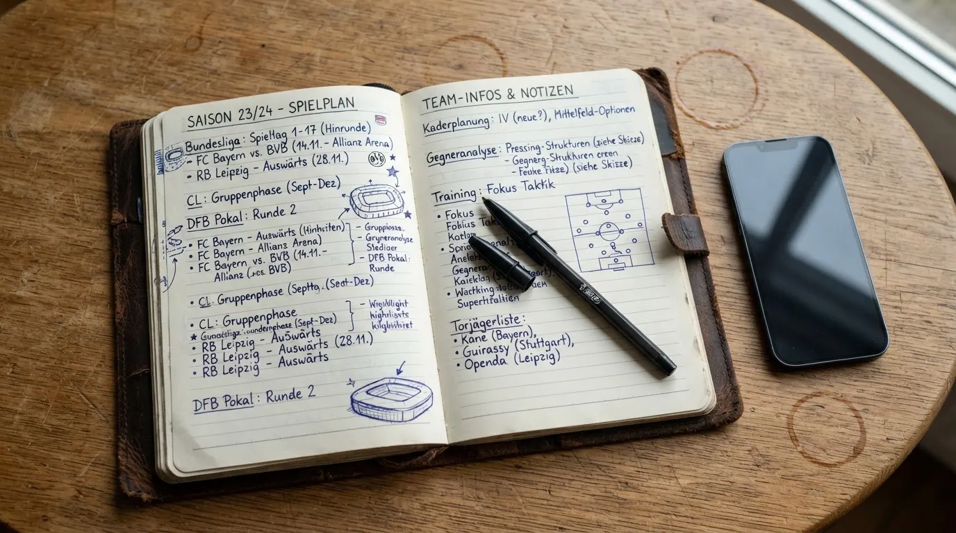 Ein Notizbuch mit handschriftlichen Notizen und ein Kugelschreiber liegen neben einem Smartphone mit dunklem Display auf einem Holztisch.