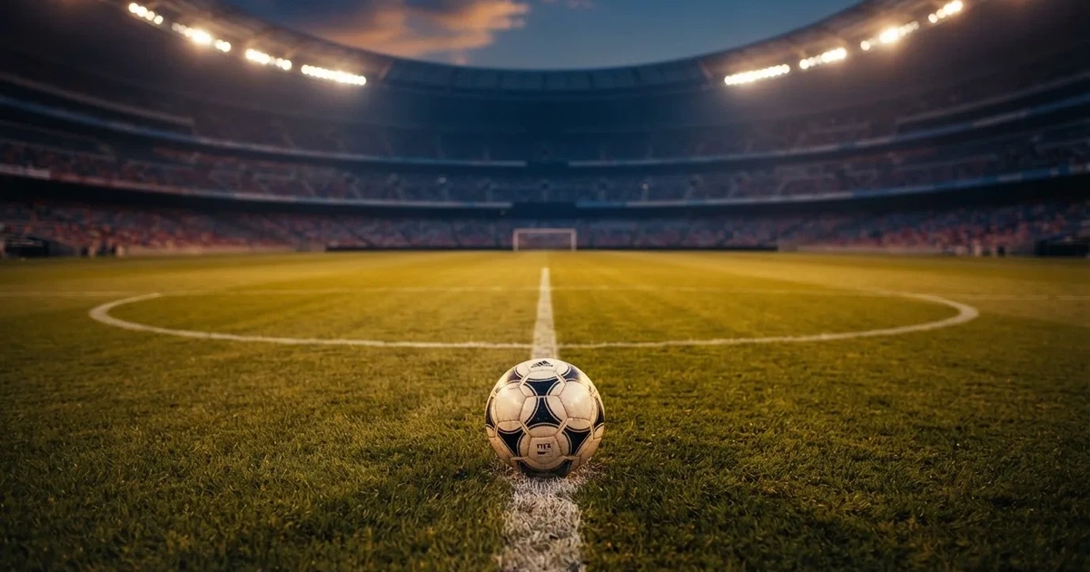 Ein Fußball liegt auf dem Anstoßpunkt eines leeren Rasenplatzes, im Hintergrund eine große Stadiontribüne im Abendlicht.