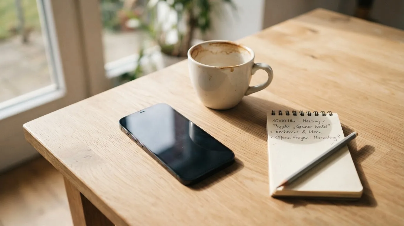 Ein Smartphone mit dunklem Display liegt neben einer Kaffeetasse und einem Notizblock auf einem hellen Tisch.
