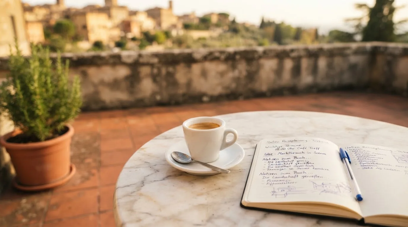 Eine Espressotasse steht auf einem kleinen Marmortisch einer Terrasse, daneben ein Notizheft mit handschriftlichen Skizzen.