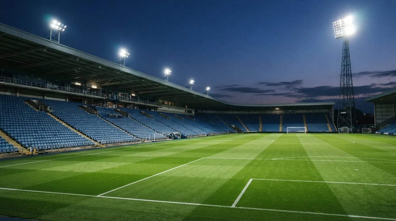 Eine leere Stadiontribüne unter Flutlicht aus der Ferne betrachtet, die Rasenfläche leuchtet grün in der Dämmerung.