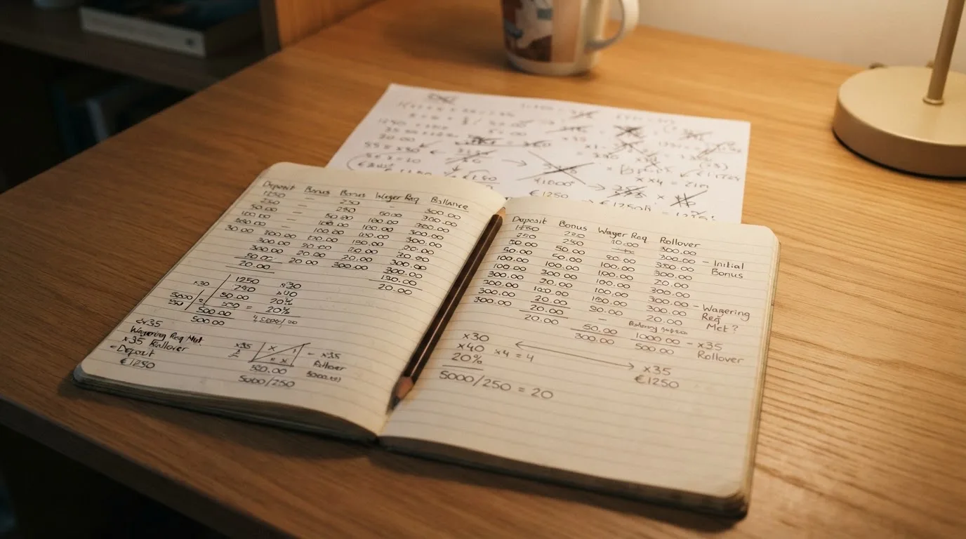 Ein Notizbuch mit handschriftlichen Rechnungen und ein Taschenrechner liegen auf einem aufgeräumten Schreibtisch in warmem Licht.
