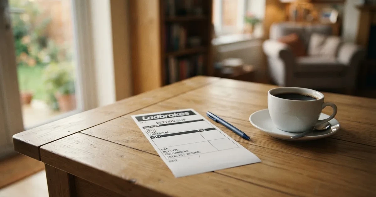 Ein leerer Papier-Wettschein liegt neben einem Kugelschreiber und einer Kaffeetasse auf einem hellen Holztisch, Tageslicht von links.
