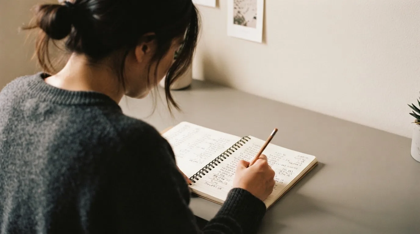 Ein Taschenrechner, ein Bleistift und ein Block mit handschriftlichen Zahlenreihen liegen auf einer grauen Arbeitsfläche.
