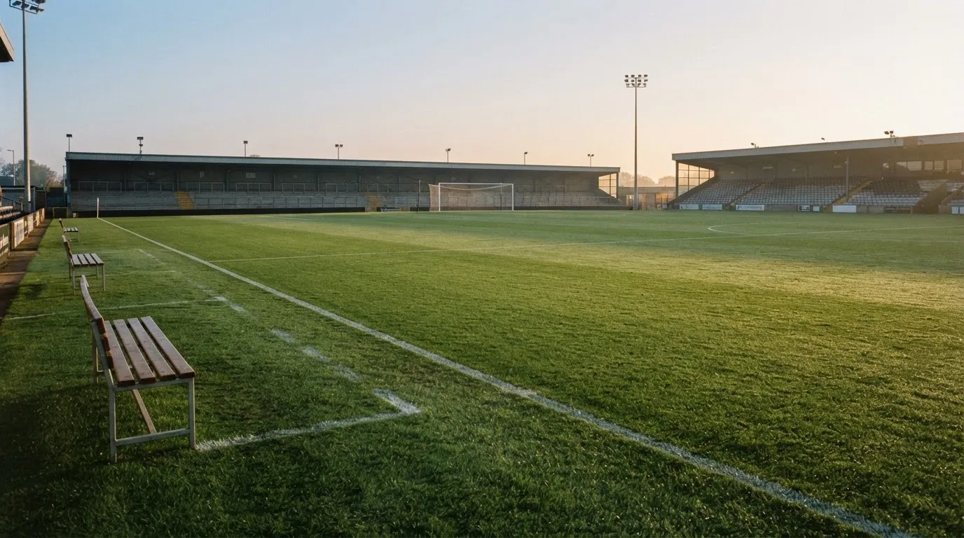 Ein Fußballplatz mit frisch gezogenen Kreidelinien im ersten Morgenlicht, leere Ersatzbänke am Spielfeldrand.