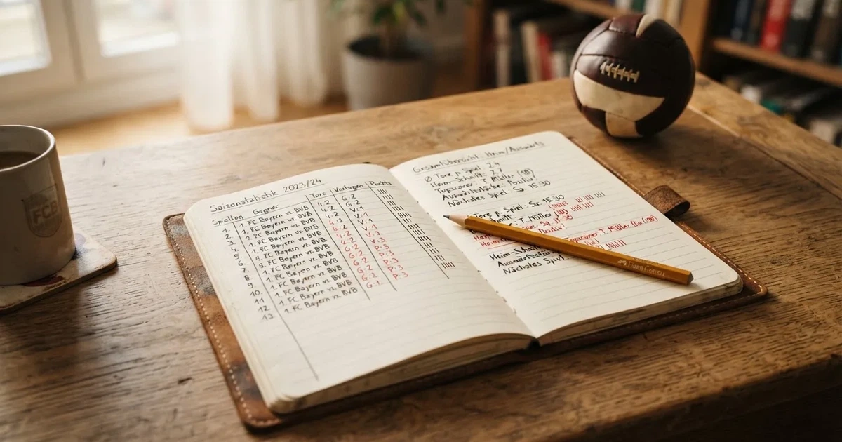 Ein Notizbuch mit handschriftlichen Strichlisten, ein Bleistift und ein kleiner Fußball liegen auf einem Schreibtisch vor einem Fenster.