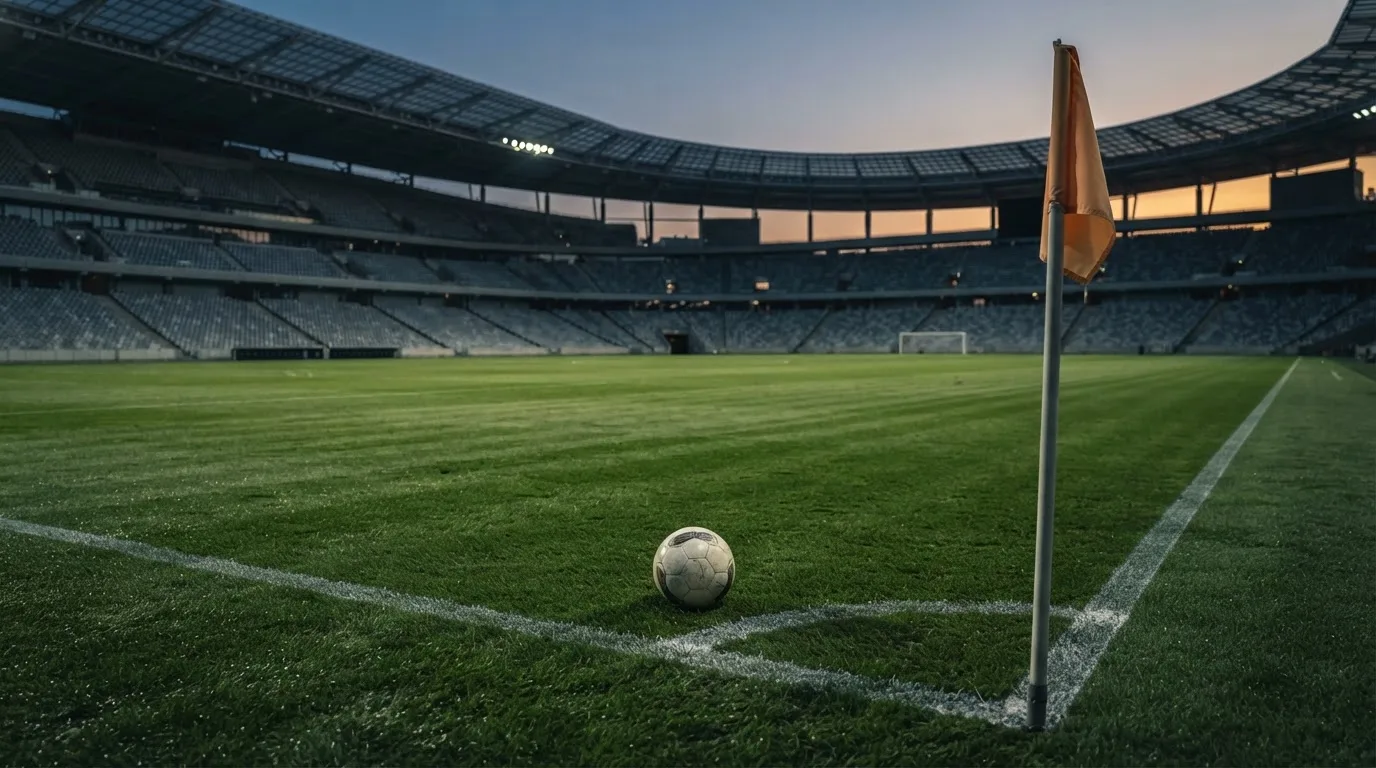 Ein Fußball liegt neben einem Eckfahnen-Pfosten auf einem Rasenplatz, im Hintergrund ein leeres Stadion in der Dämmerung.