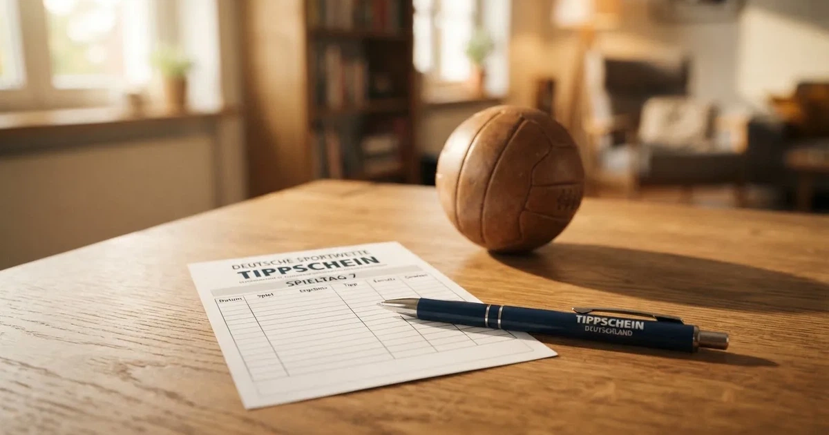 Ein leerer Papier-Wettschein und ein Kugelschreiber liegen neben einem kleinen Fußball auf einem Holztisch, weiches Fensterlicht.