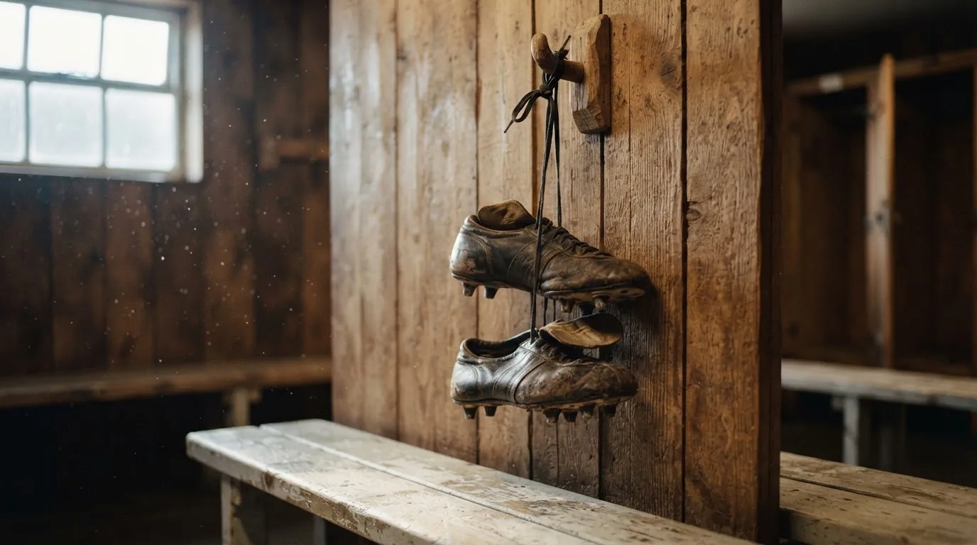 Ein Paar Fußballschuhe hängt an den Schnürsenkeln an einem Holzhaken in einer leeren Umkleidekabine.