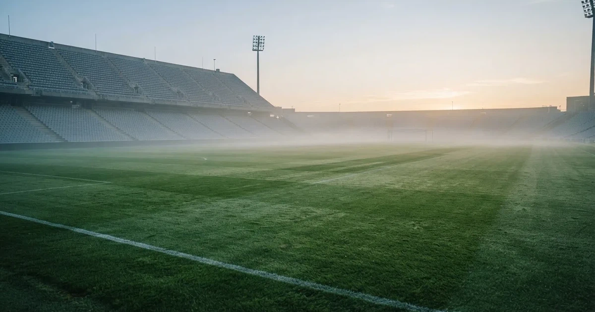 Ein Fußballplatz mit gepflegtem Rasen und einem Tor, über dem Spielfeld liegt Morgennebel, im Hintergrund eine leere Tribüne.