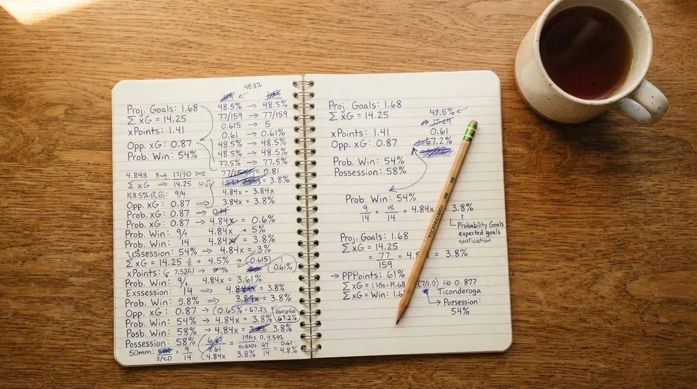 Ein Schreibtisch mit Taschenrechner, Bleistift und einem Block voller handschriftlicher Rechnungen, daneben eine Tasse Tee.
