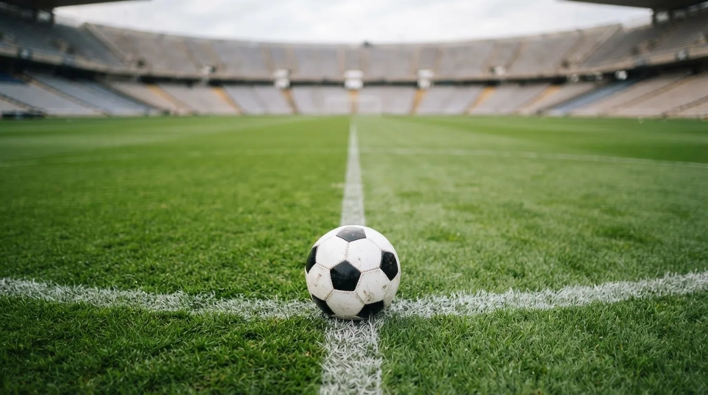 Ein Fußball liegt auf dem Rasen im Mittelkreis, die Kreidelinien führen scharf ins Bild, dahinter verschwimmt eine Tribüne.
