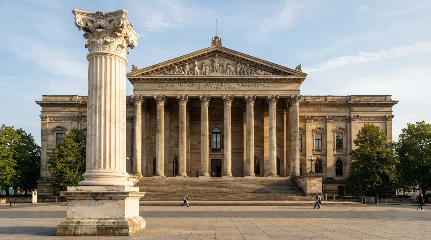 Eine Marmorsäule vor einem klassischen Gebäude, im Hintergrund blauer Himmel.
