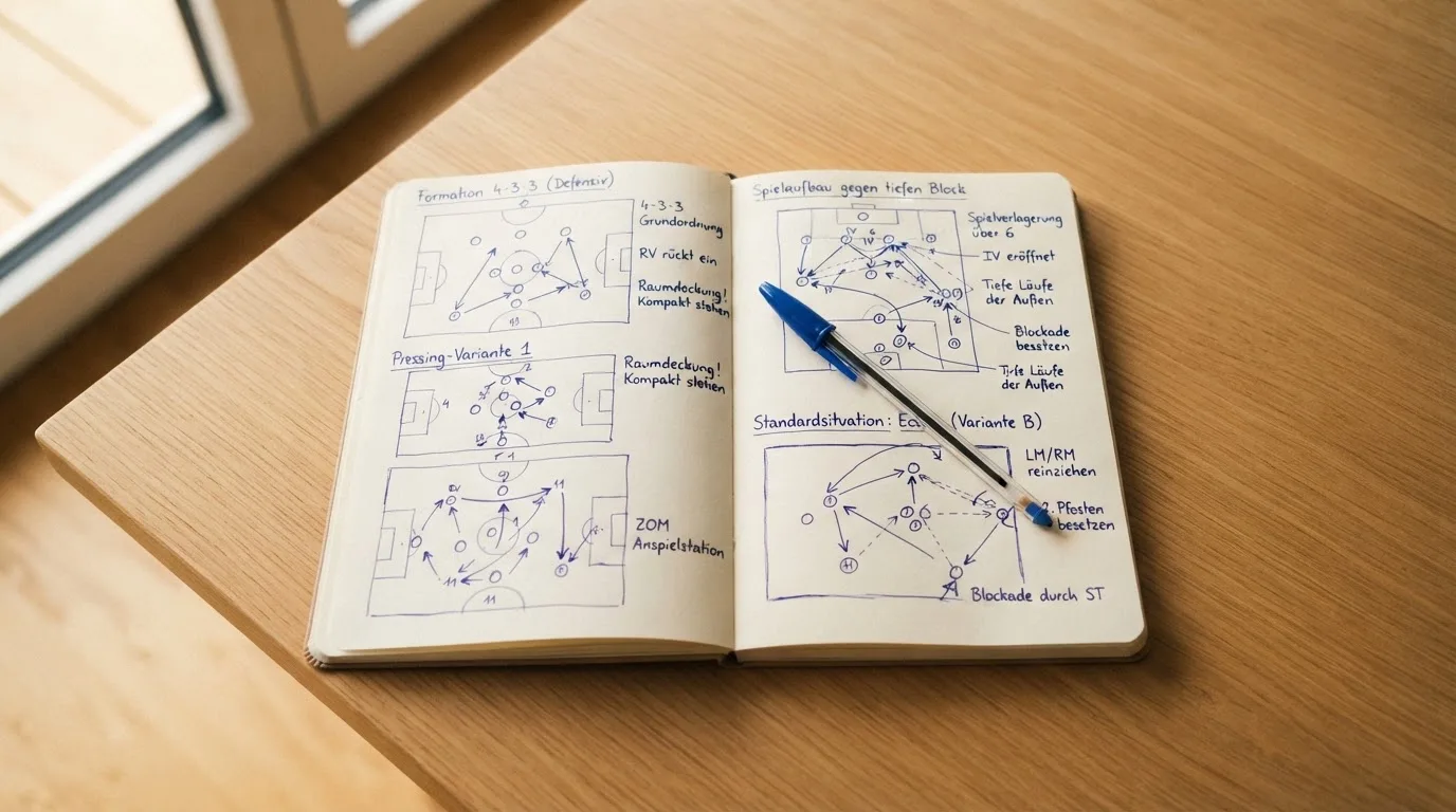 Ein aufgeschlagenes Notizbuch mit handschriftlichen Skizzen von Spielzügen liegt neben einem Kugelschreiber auf einem Holztisch.