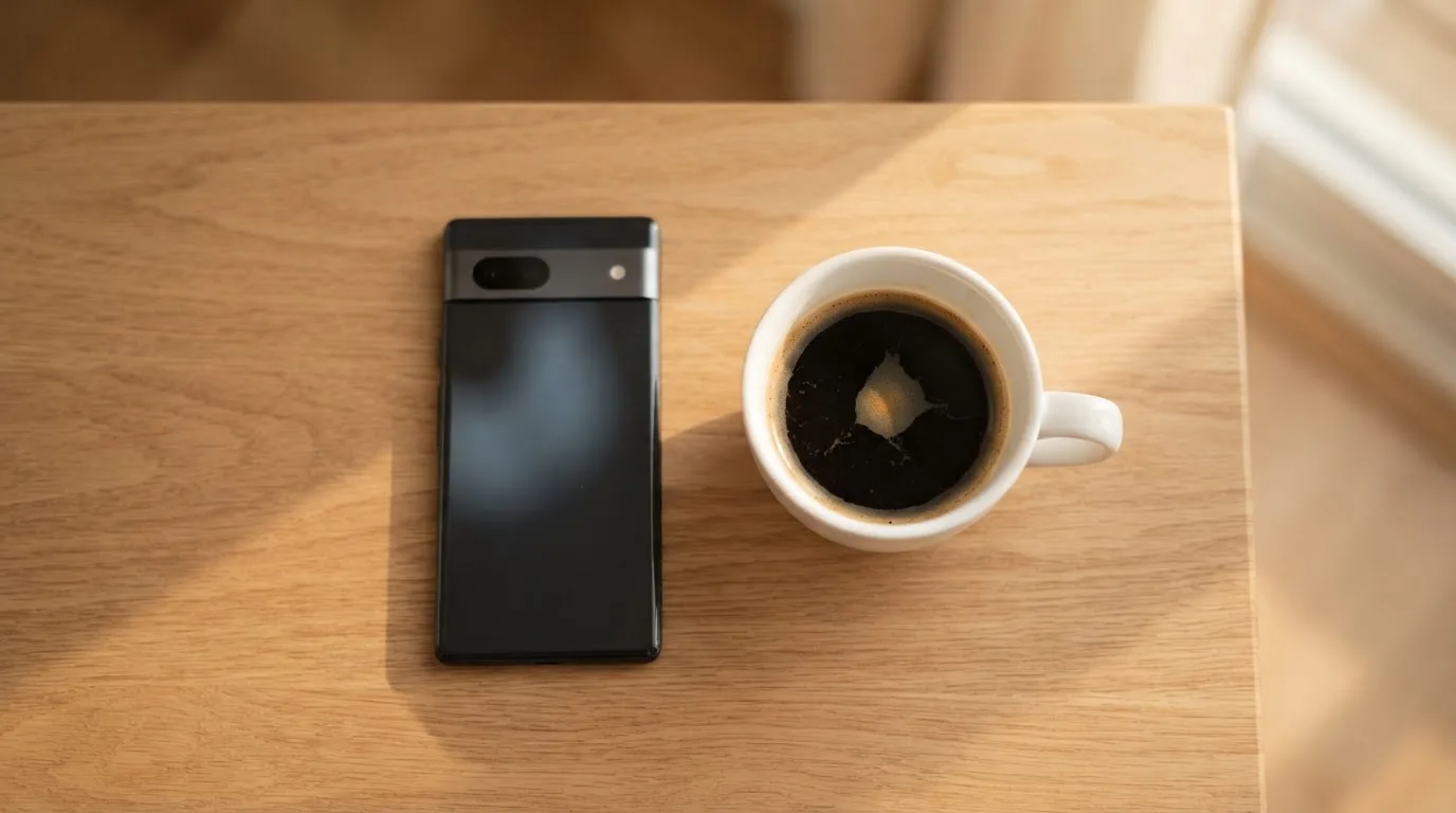 Ein Smartphone mit dunklem Display liegt neben einer Kaffeetasse auf einem Holztisch im Licht eines Fensters.