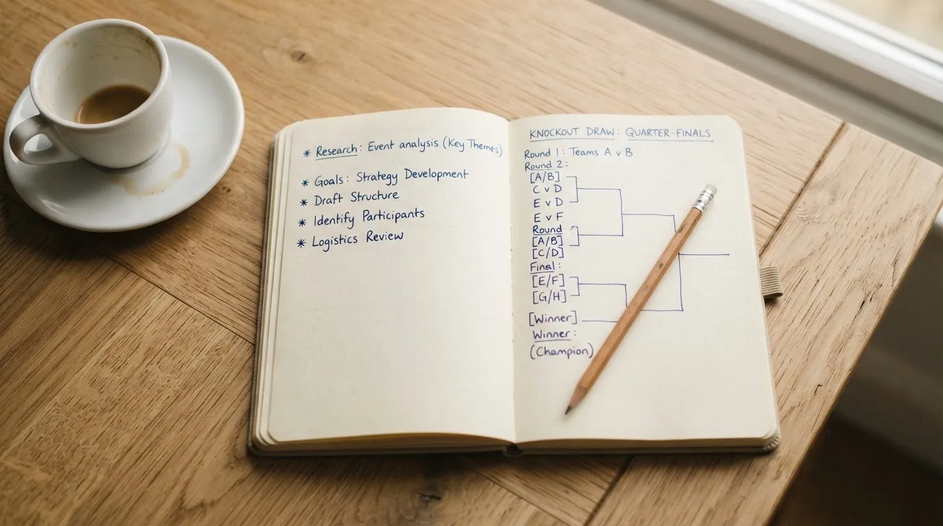 Ein aufgeschlagenes Notizbuch mit handgeschriebenen Stichpunkten und ein Bleistift liegen neben einer Kaffeetasse auf einem hellen Holztisch.
