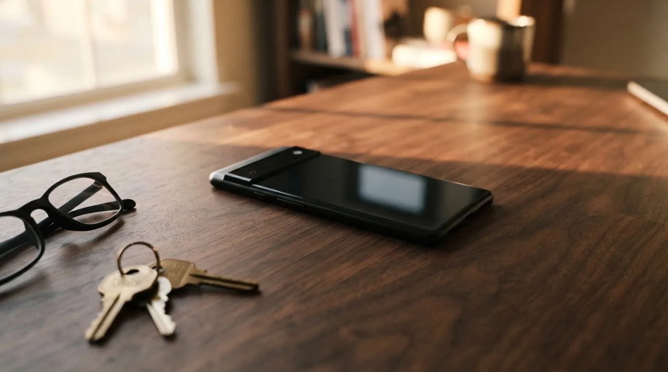 Ein Smartphone liegt mit dunklem Display auf einem Holztisch neben einem Schlüsselbund und einer Brille im Licht eines Fensters.