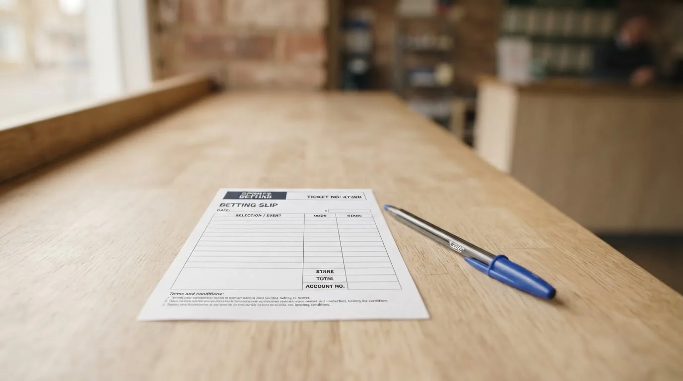 Ein leerer Papier-Wettschein und ein Kugelschreiber liegen auf einer Theke aus hellem Holz im Tageslicht.