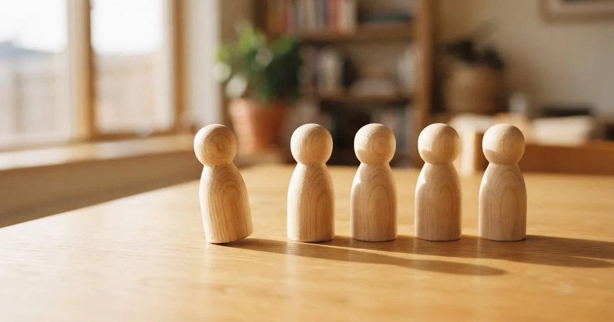Fünf Holzfiguren stehen in einer Reihe auf einem Tisch, die erste Figur ist leicht nach vorn gerückt.