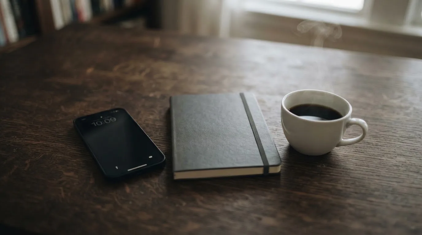 Ein Smartphone liegt mit dunklem Display auf einem Schreibtisch neben einem Notizbuch und einer Kaffeetasse.