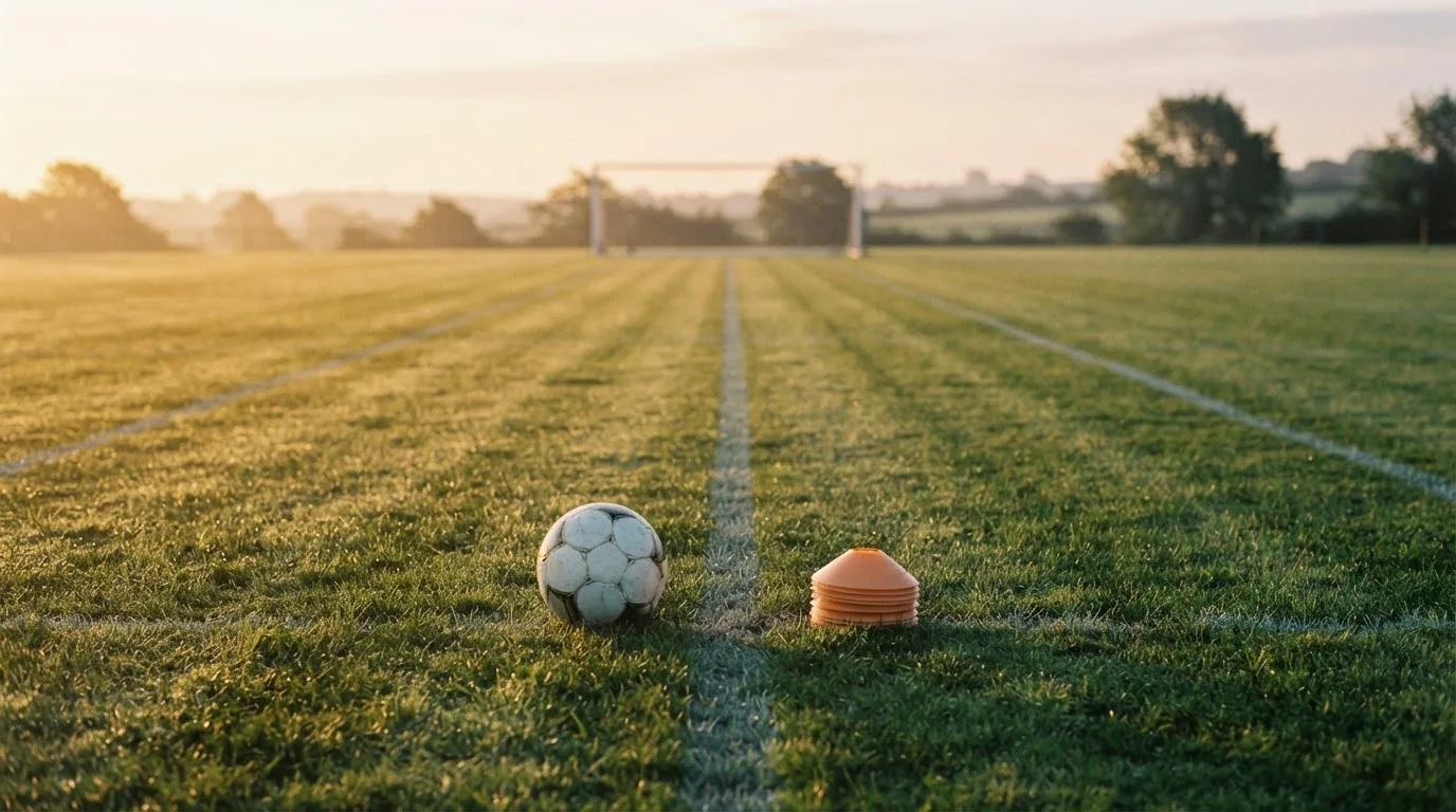 Ein Fußball liegt auf einem Rasenplatz bei Sonnenaufgang, daneben ein kleiner Stapel Trainingshütchen.