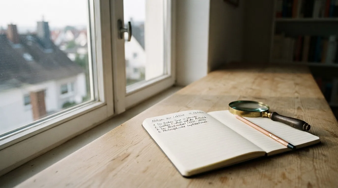 Ein schmaler Schreibtisch am Fenster mit einem Notizbuch, einer Lupe und einem Bleistift im Morgenlicht.