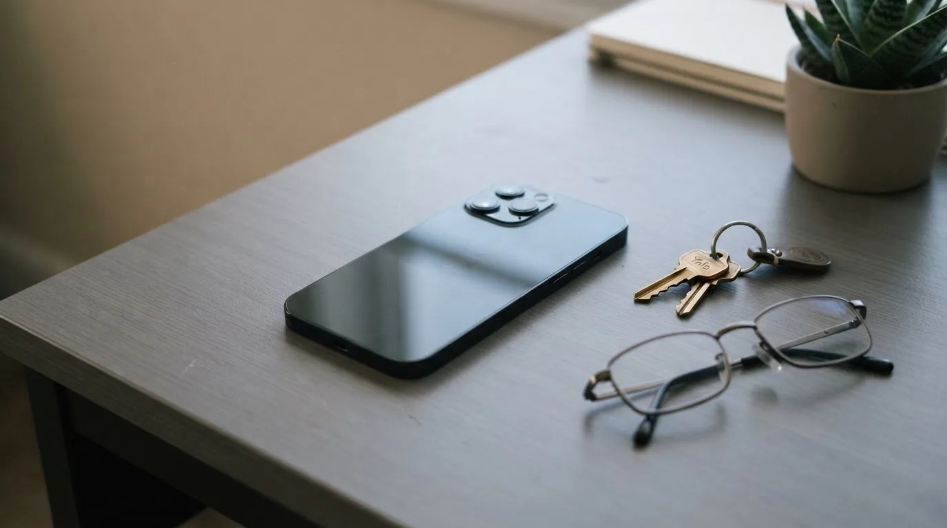 Ein Smartphone liegt mit dunklem Display auf einem Schreibtisch neben einem Schlüsselbund und einer Brille.