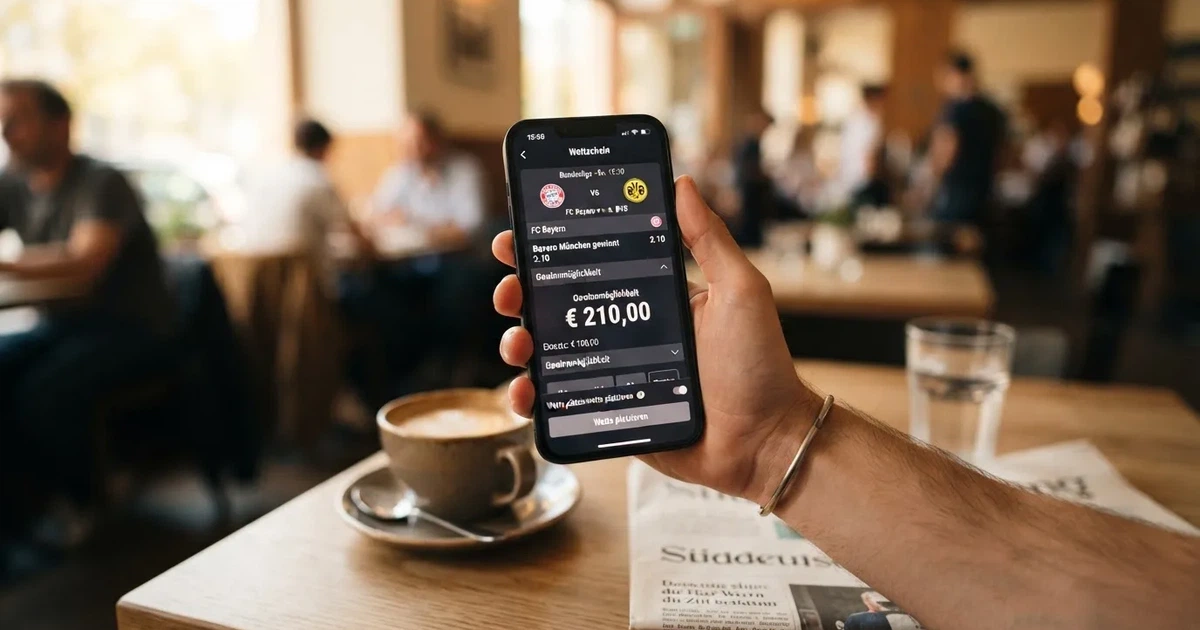 Eine Hand hält ein Smartphone mit dunklem Display, im Hintergrund unscharf ein Café-Tisch mit einer Tasse.